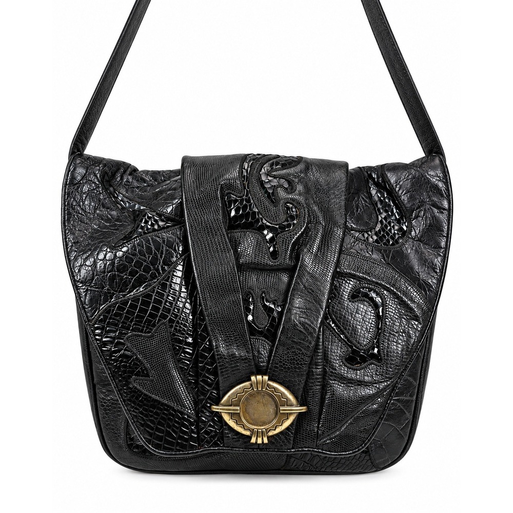 Sharif Vintage Black Leather Patchwork Shoulder Bag Embossed Animal Print USA